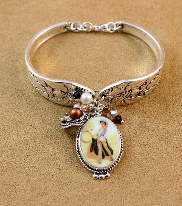 Spoon Bracelet with Cowgirl Pin-Up Charm || https://tworeddogs.com